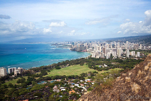 View of Waikiki (Honolulu, HI). The small set of buildings in front have the same sharpness as the tall buildings farther away.