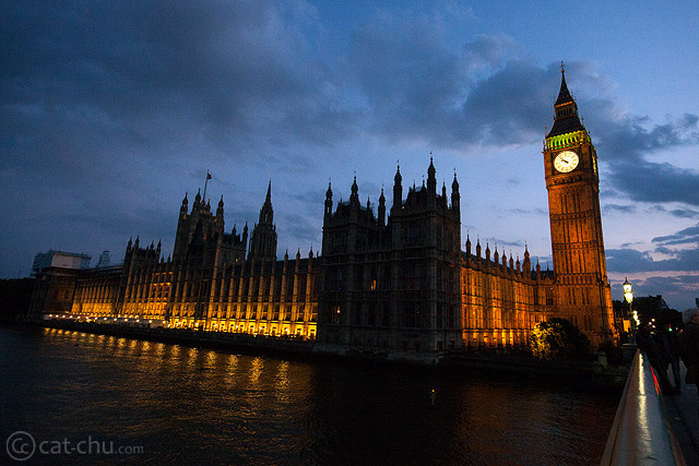 Houses of Parliament (London) at night. The natural distortion gives an interesting angle to the building.