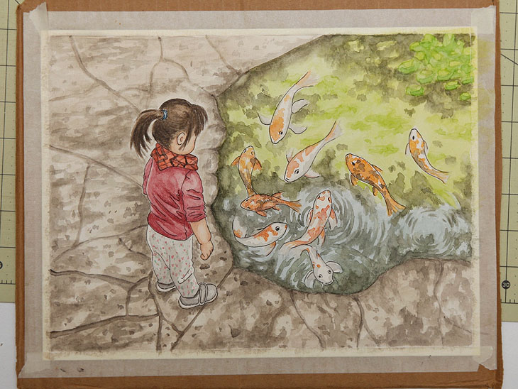Watercolor of Tali looking at koi fish